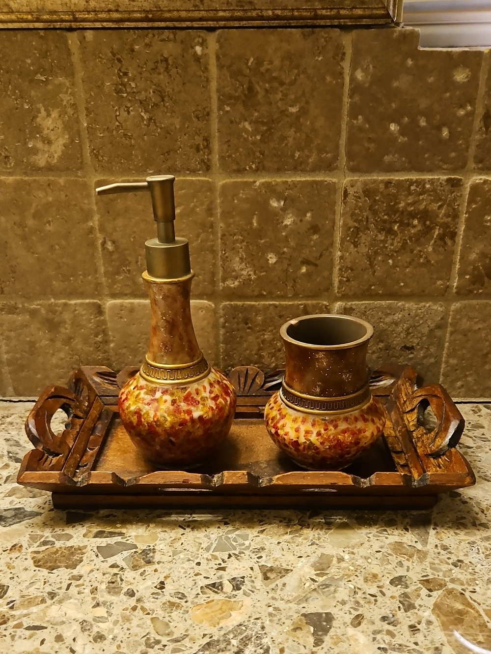 Decorative Vintage Mosaic Bathroom Accessory Set with Tray